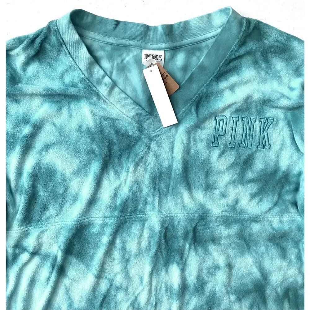 PINK Victoria's Secret Terry Cloth Logo Varsity Sweater Top Tie Dye XS